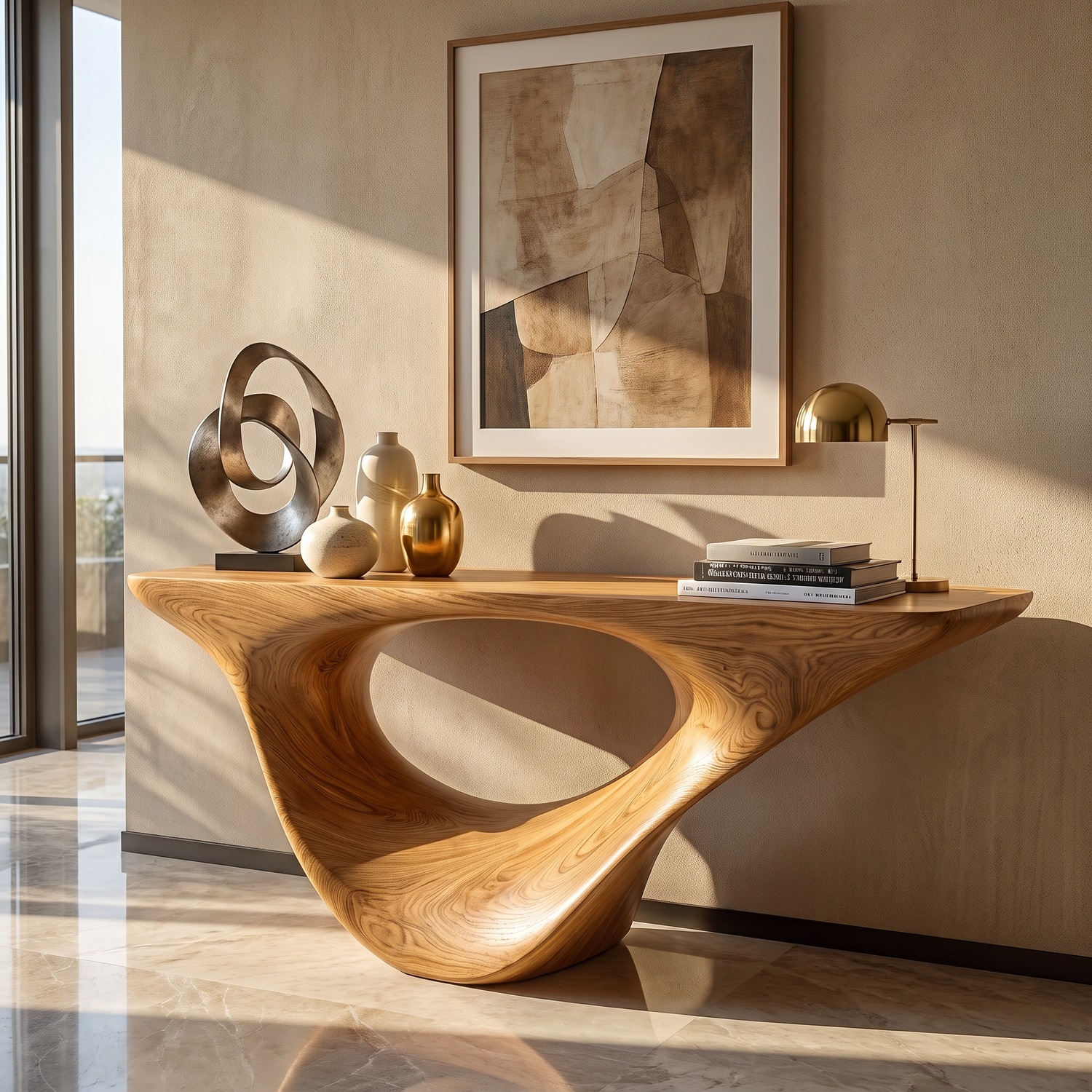Console Table Solid Wood with Sculptural Organic Loop Base