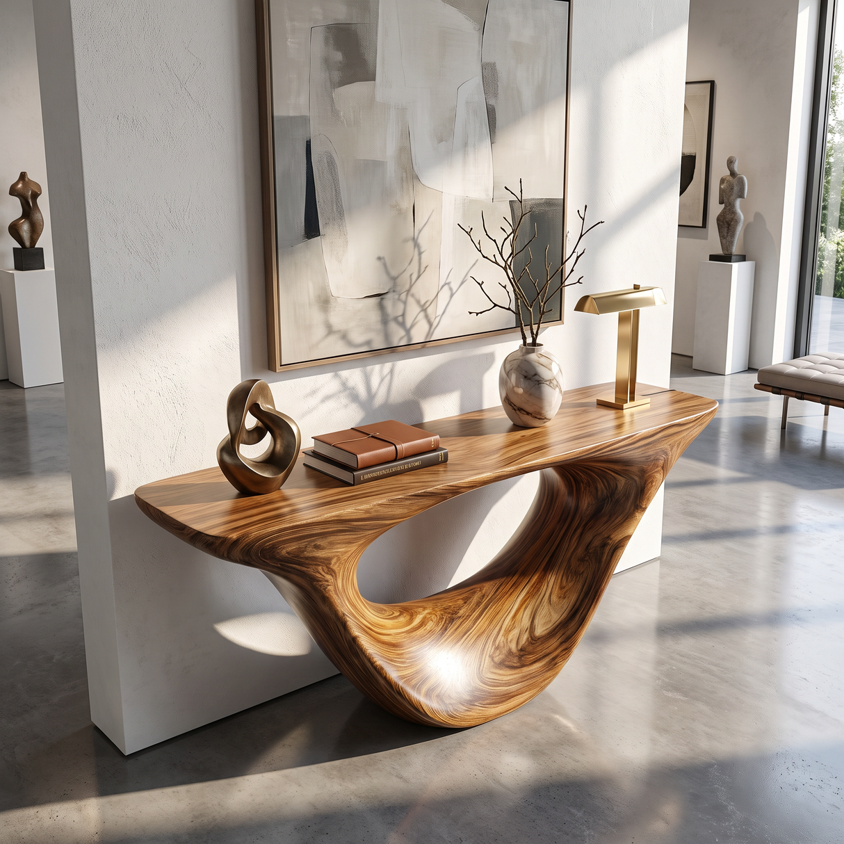 Console Table Solid Wood with Sculptural Organic Loop Base