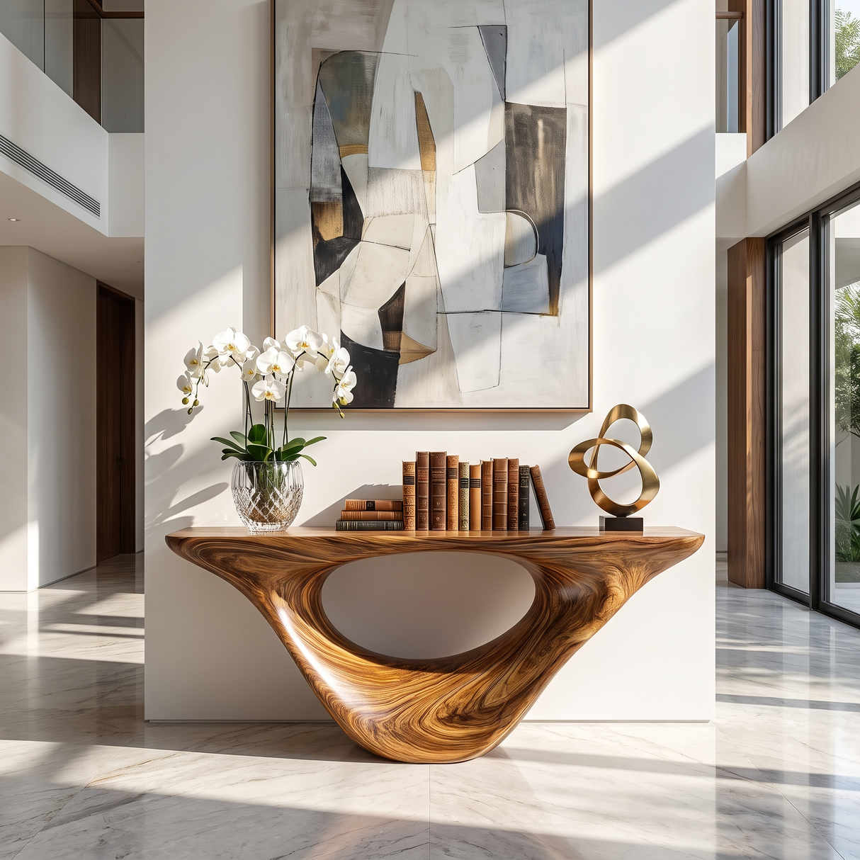 Console Table Solid Wood with Sculptural Organic Loop Base