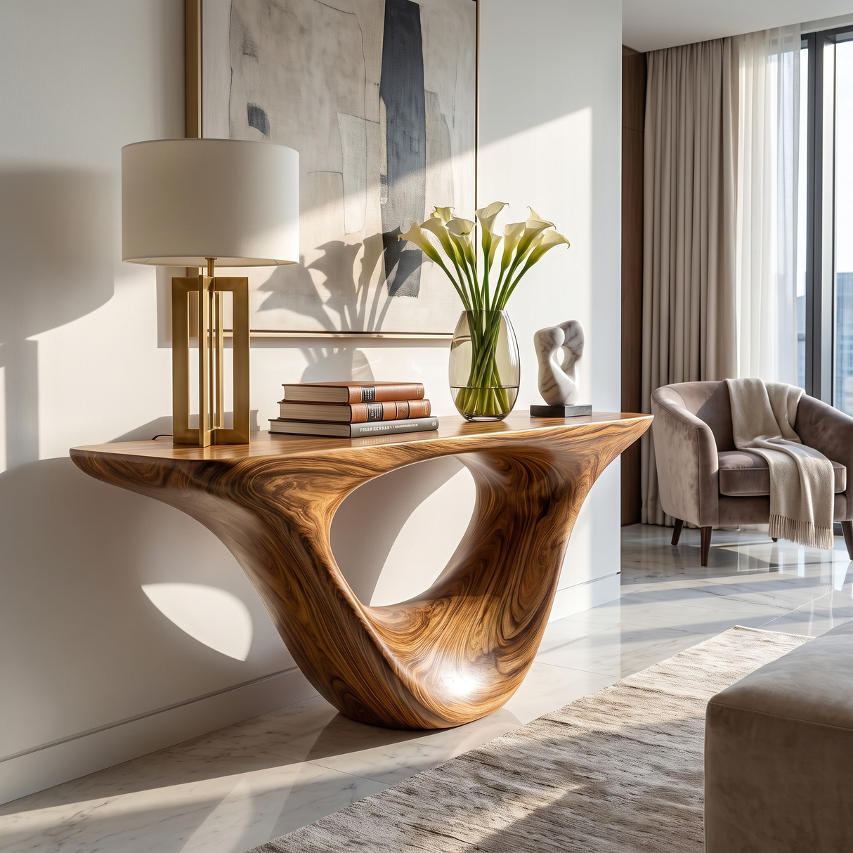 Console Table Solid Wood with Sculptural Organic Loop Base