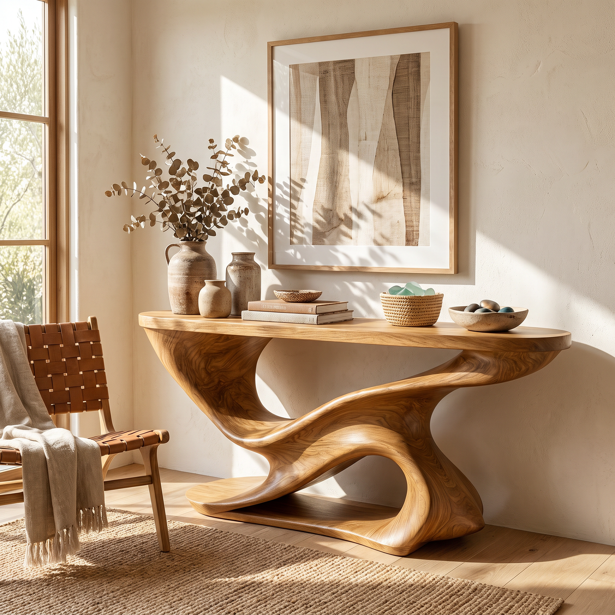 Console Table Solid Wood with Sculptural Double Wave Base for Entryway Decor