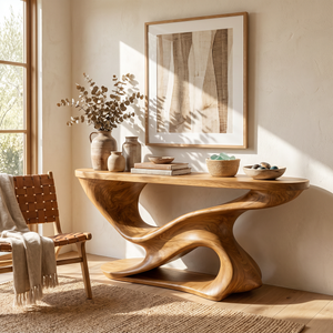 Console Table Solid Wood with Sculptural Double Wave Base for Entryway Decor