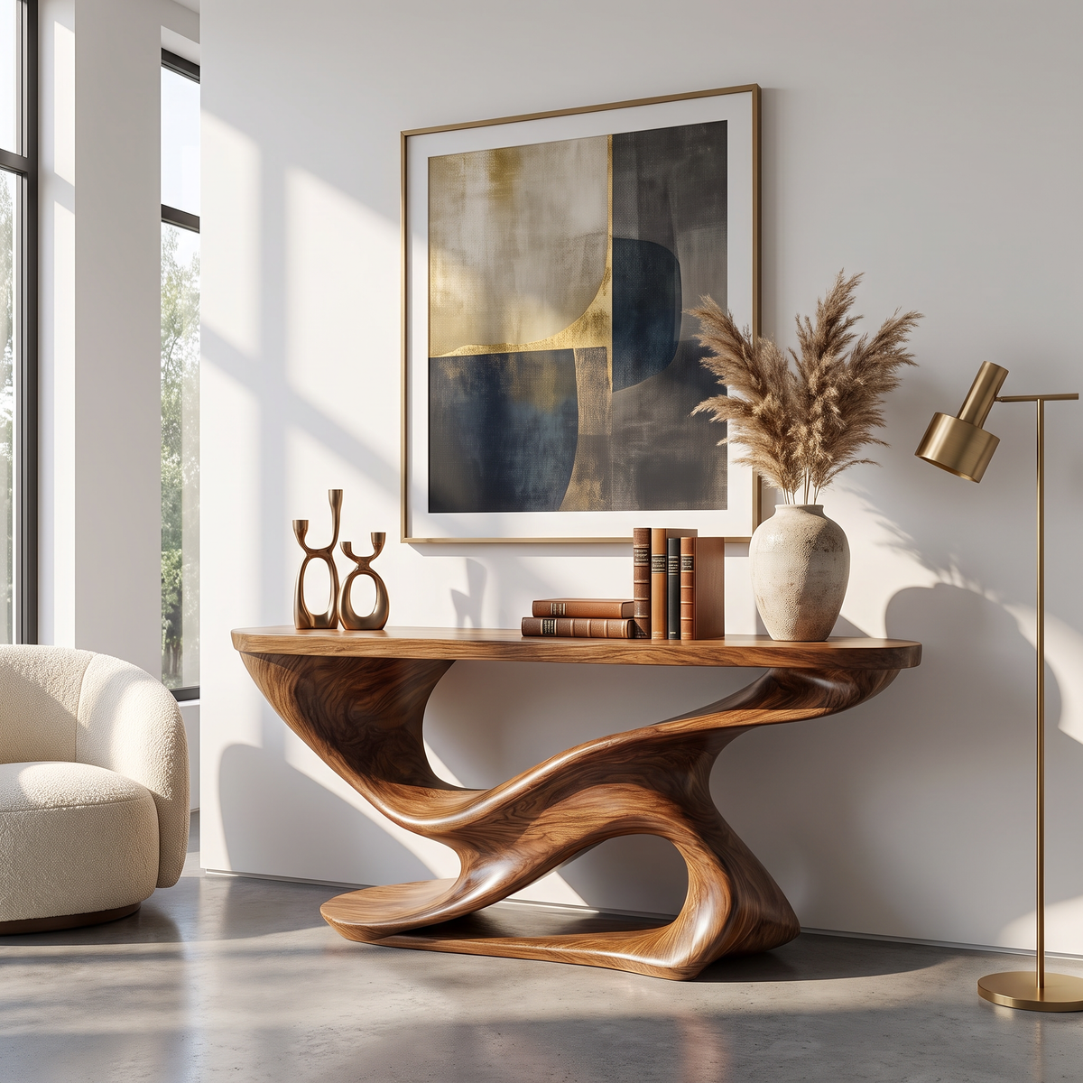 Console Table Solid Wood with Sculptural Double Wave Base for Entryway Decor