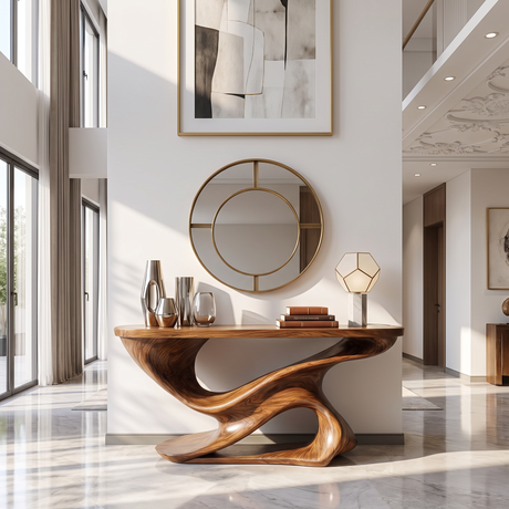 Console Table Solid Wood with Sculptural Double Wave Base for Entryway Decor