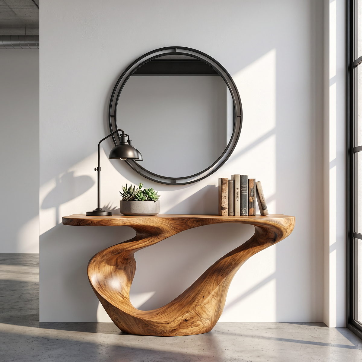 Console Table Solid Wood with Sculptural Sweeping Loop Base