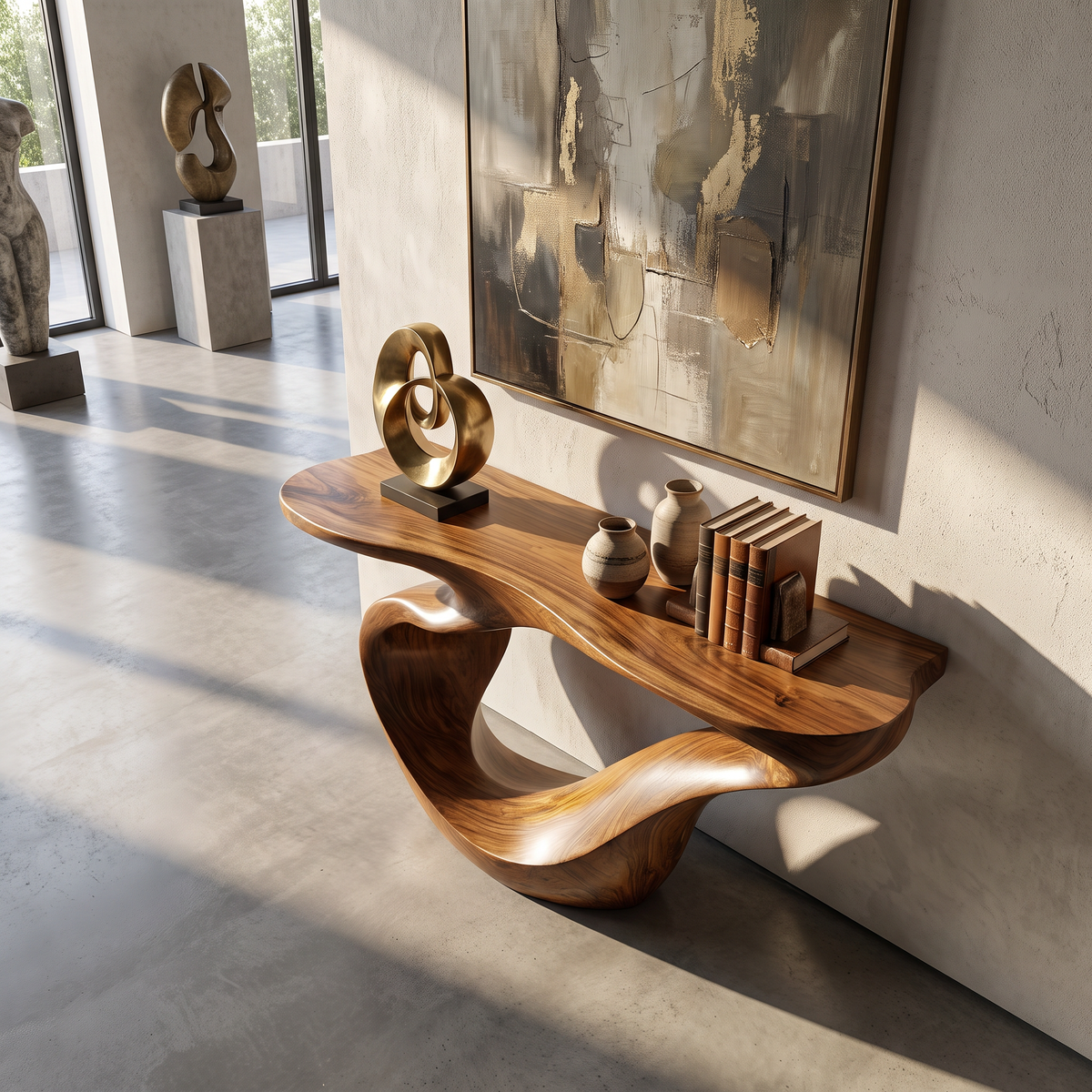 Console Table Solid Wood with Sculptural Sweeping Loop Base