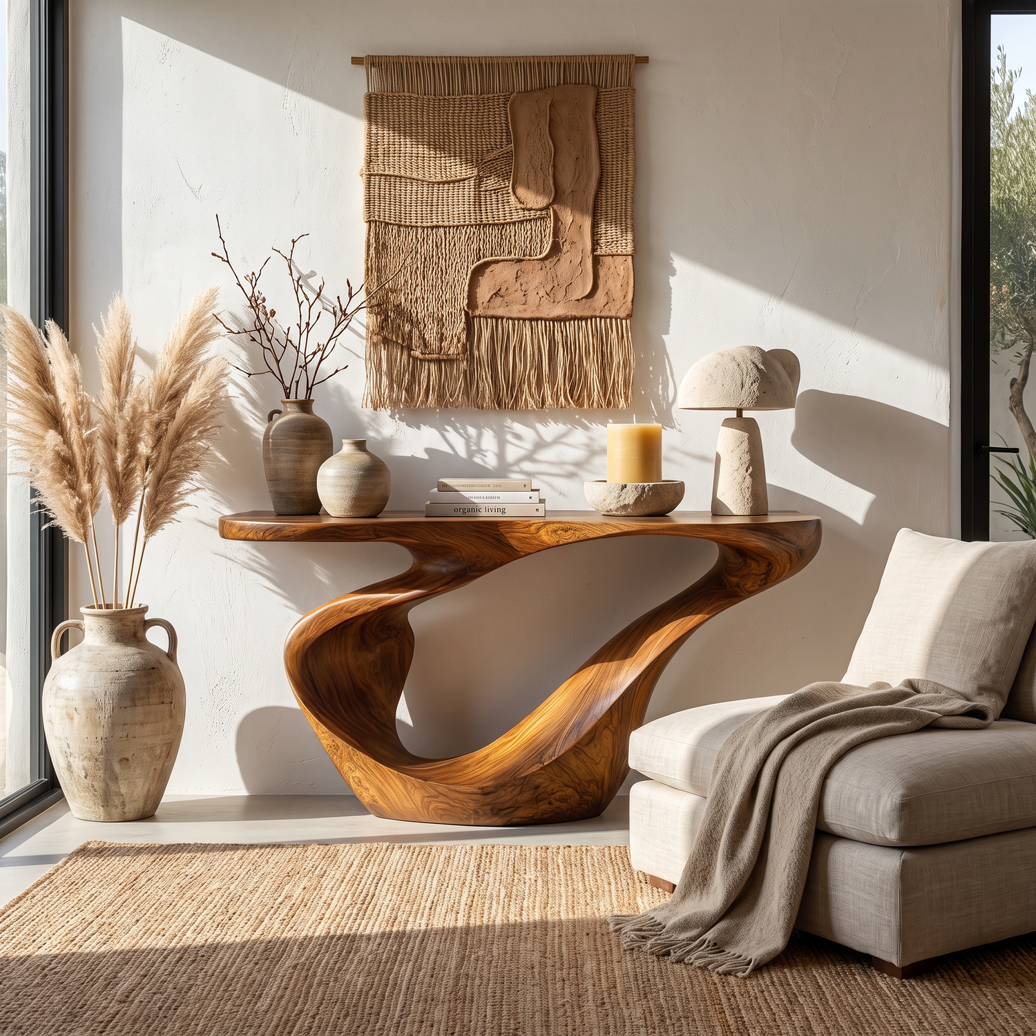Console Table Solid Wood with Sculptural Sweeping Loop Base