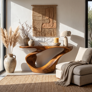 Console Table Solid Wood with Sculptural Sweeping Loop Base