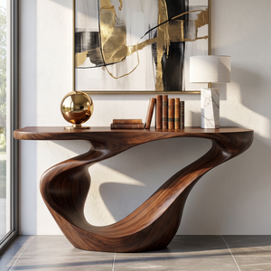 Console Table Solid Wood with Sculptural Sweeping Loop Base
