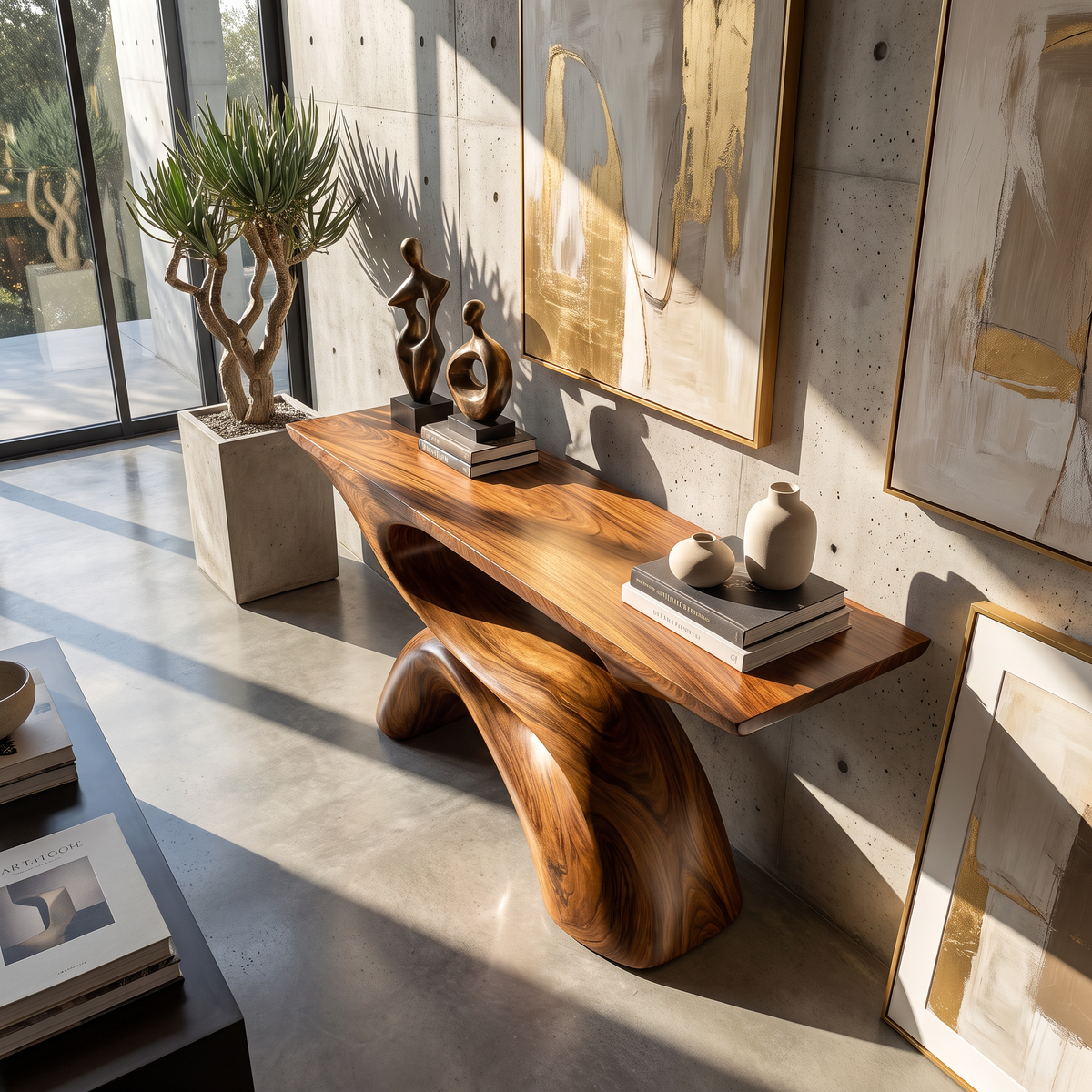 Console Table with Sculptural S Curve Base for Entryway Decor