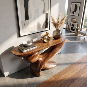 Console Table Solid Wood with Sculptural Spiral Curve Base