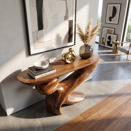 Console Table Solid Wood with Sculptural Spiral Curve Base