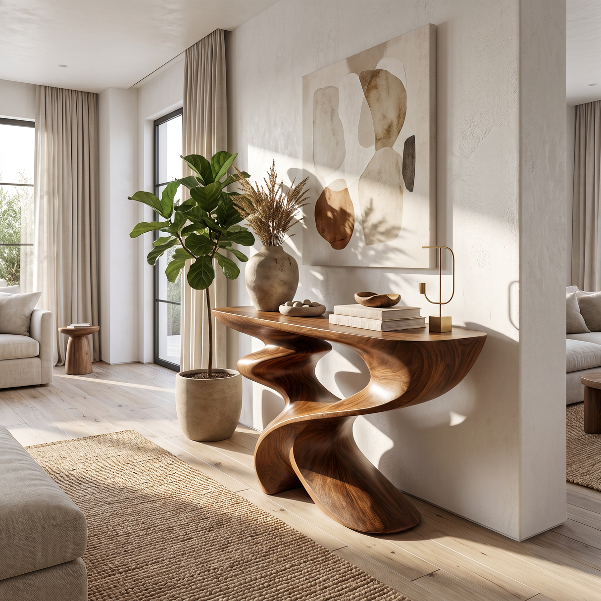 Console Table Solid Wood with Sculptural Spiral Curve Base