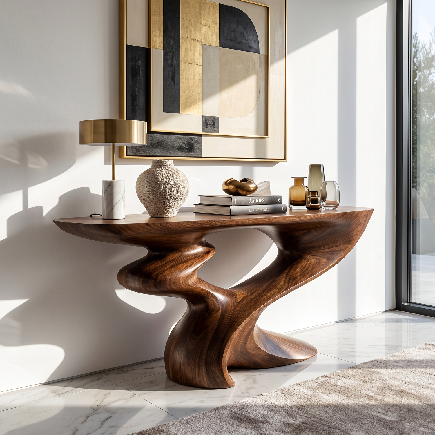 Console Table Solid Wood with Sculptural Spiral Curve Base