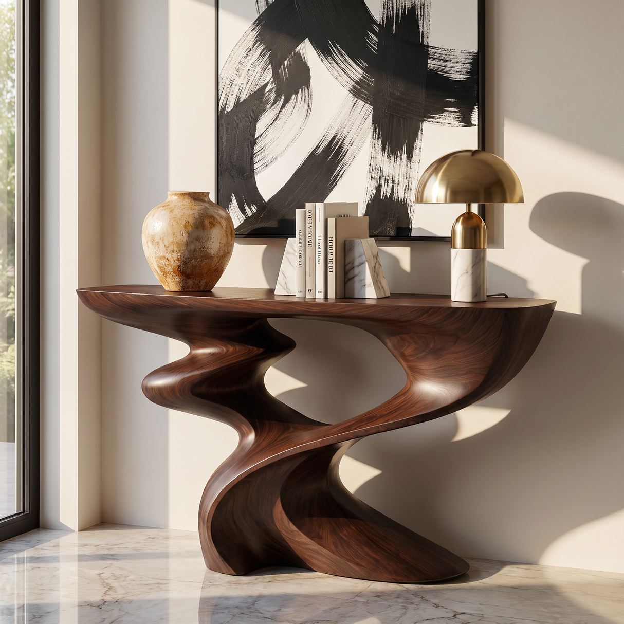 Console Table Solid Wood with Sculptural Spiral Curve Base