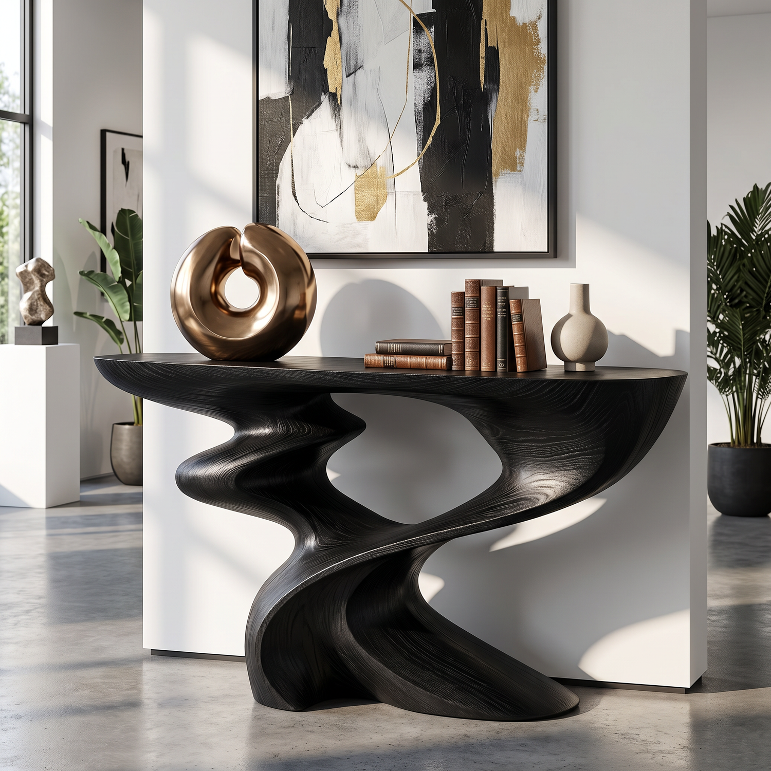 Console Table Solid Wood with Sculptural Spiral Curve Base