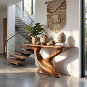 Console Table Solid Wood with Sculptural Tree Form Base for Entryway Decor
