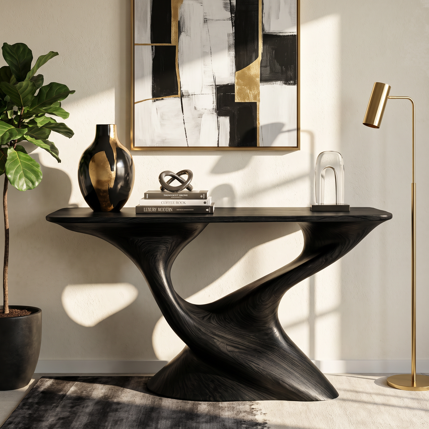 Console Table Solid Wood with Sculptural Tree Form Base for Entryway Decor