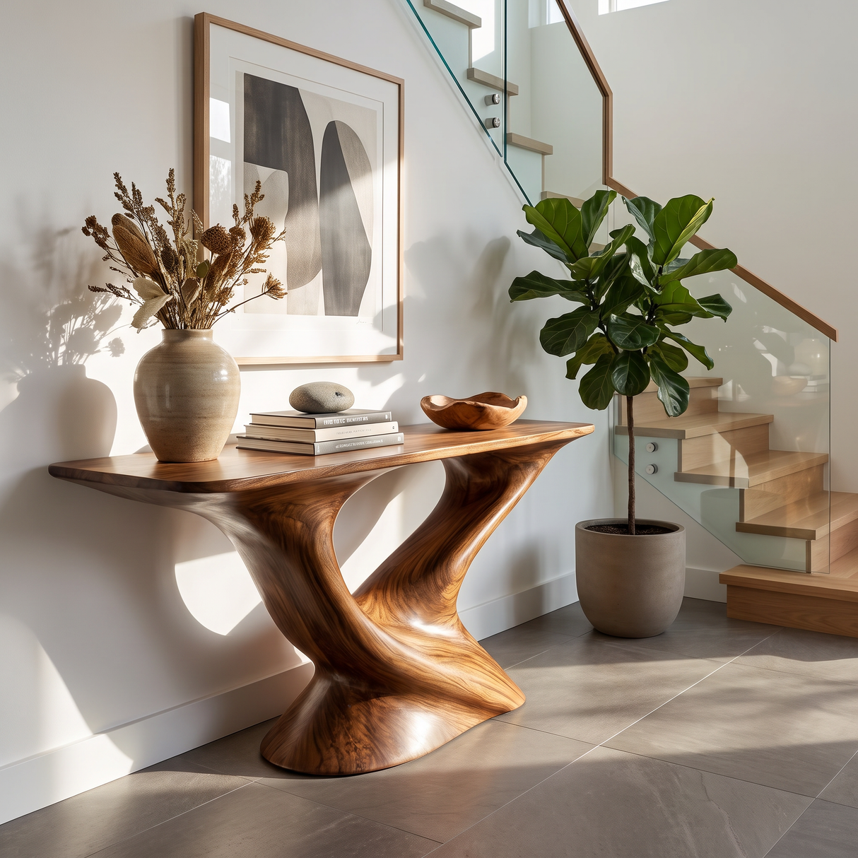 Console Table Solid Wood with Sculptural Tree Form Base for Entryway Decor