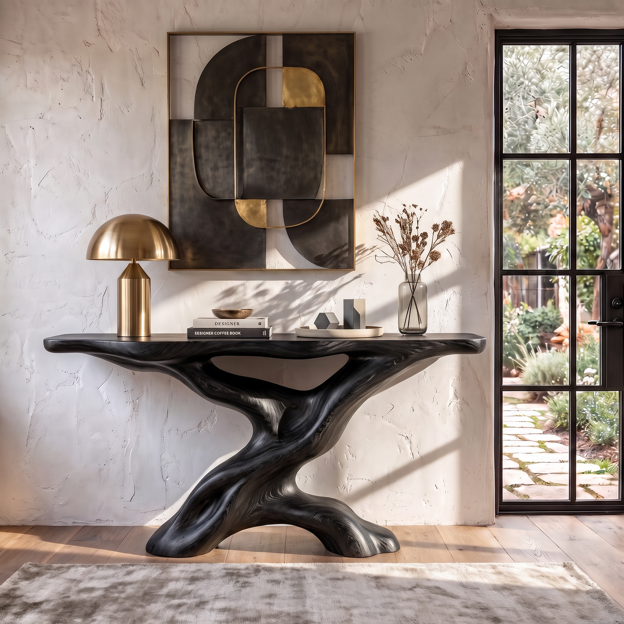 Console Table Solid Wood with Sculptural Tree Branch Base for Entryway Decor