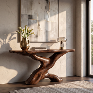 Console Table Solid Wood with Sculptural Tree Branch Base for Entryway Decor
