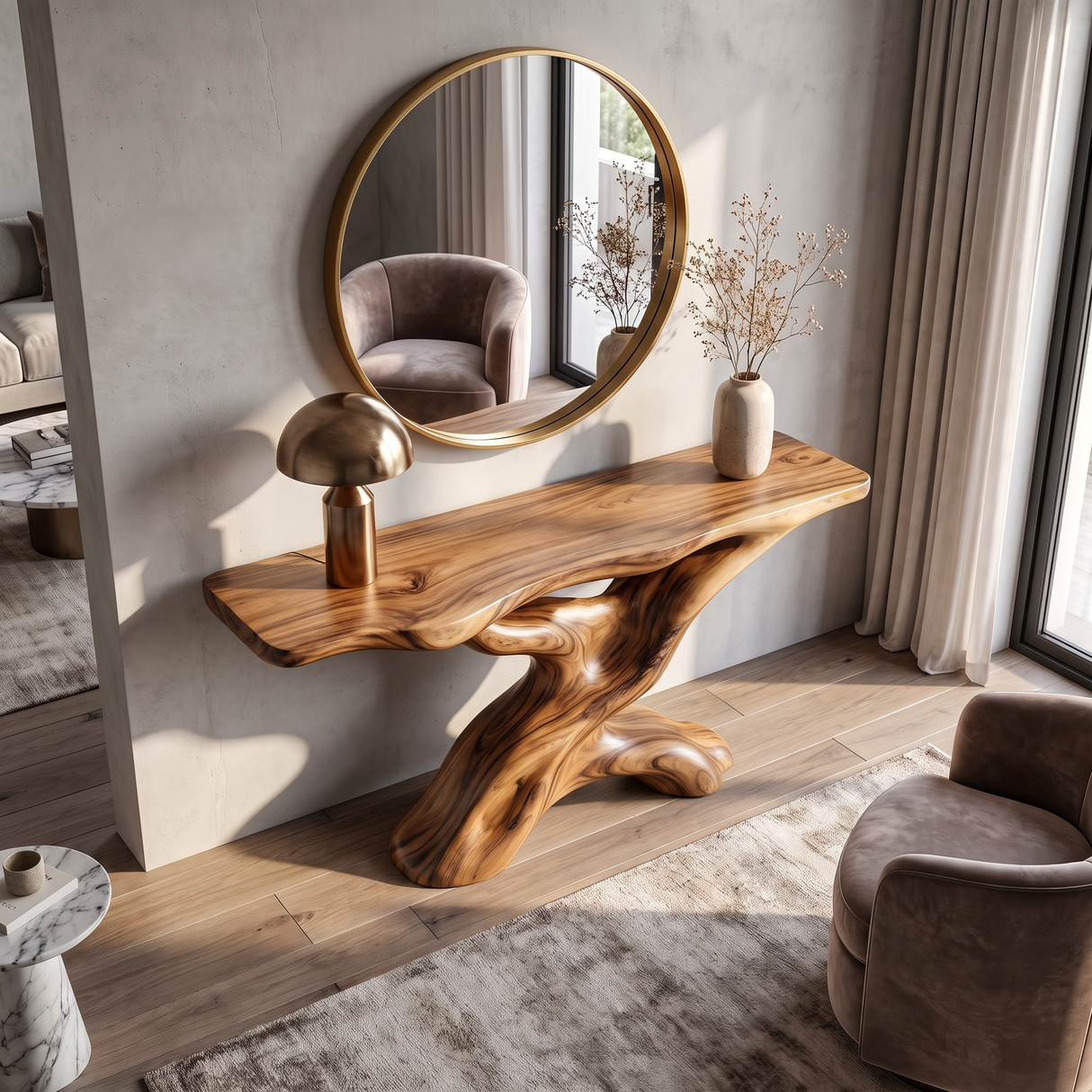 Console Table Solid Wood with Sculptural Tree Branch Base for Entryway Decor