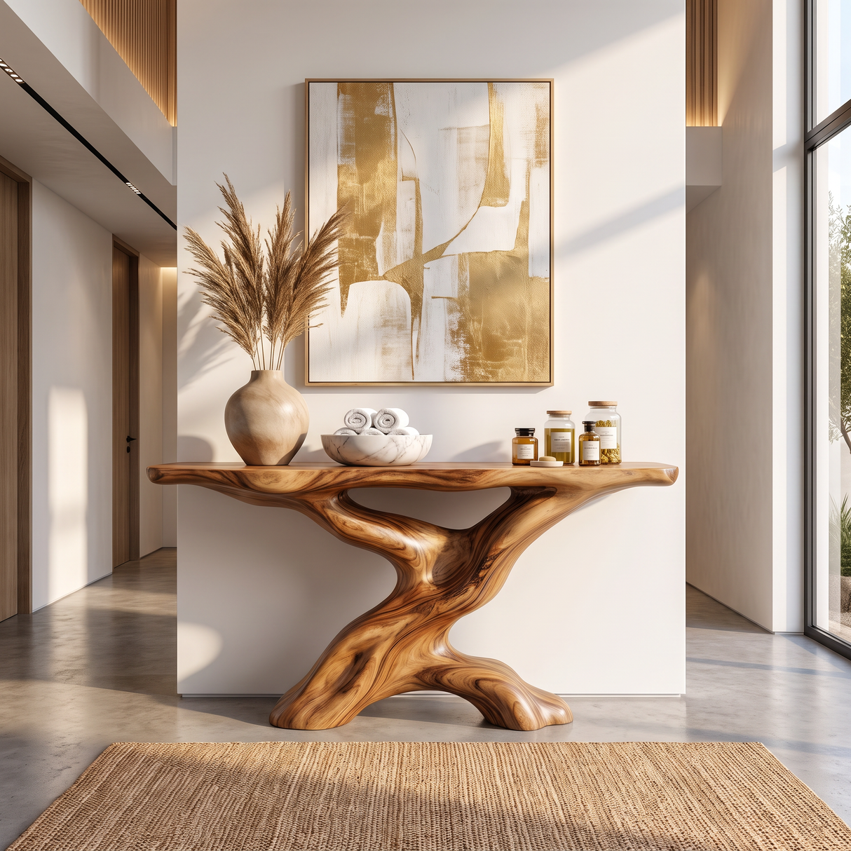 Console Table Solid Wood with Sculptural Tree Branch Base for Entryway Decor
