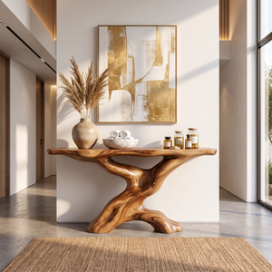 Console Table Solid Wood with Sculptural Tree Branch Base for Entryway Decor