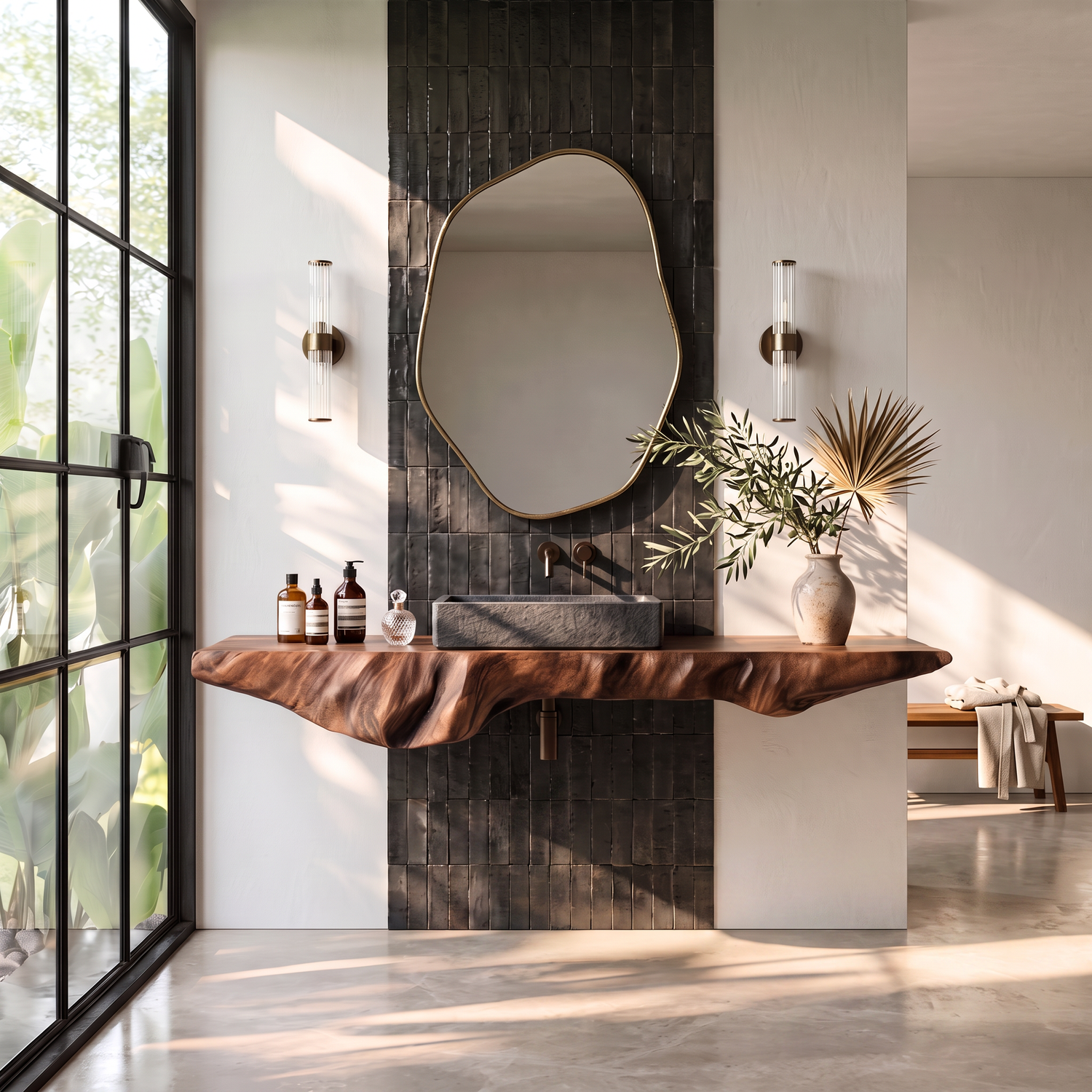 Solid Wood Floating Bathroom Vanity Shelf with Organic Carved Edge