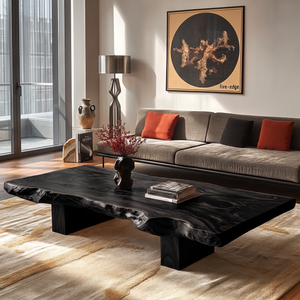 Coffee Table Solid Wood with Organic Live Edge and Block Base for Living Room
