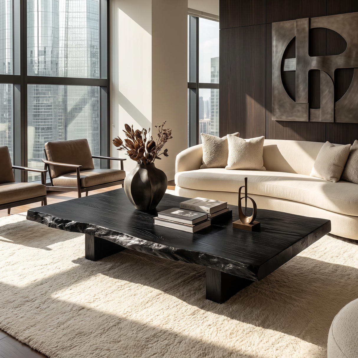 Coffee Table Solid Wood with Japanese Style Live Edge Slab and Block Base