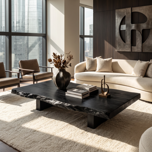 Coffee Table Solid Wood with Japanese Style Live Edge Slab and Block Base
