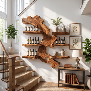 Wall Mounted Wine Rack Solid Wood with Abstract Live Edge Shelves