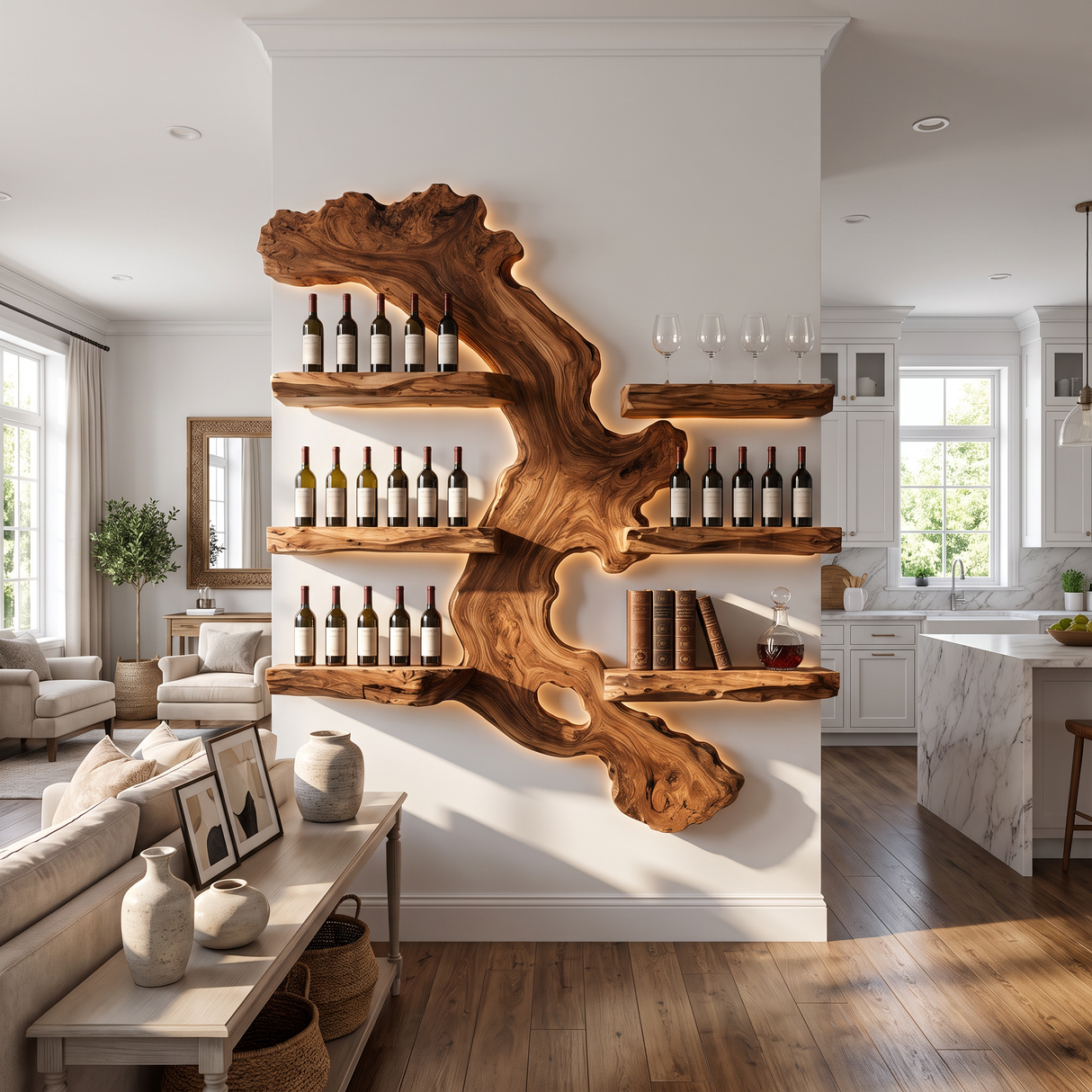 Wall Mounted Wine Rack Solid Wood with Abstract Live Edge Shelves