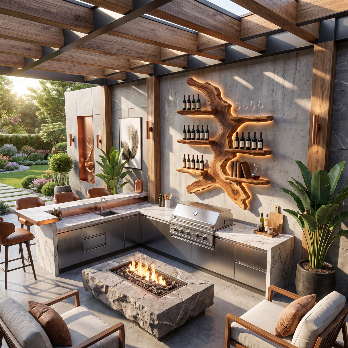 Wall Mounted Wine Rack Solid Wood with Sculptural Organic Form Shelves