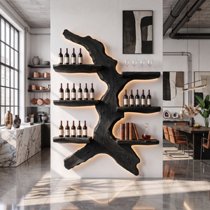 Wall Mounted Wine Rack Solid Wood with Sculptural Organic Form Shelves