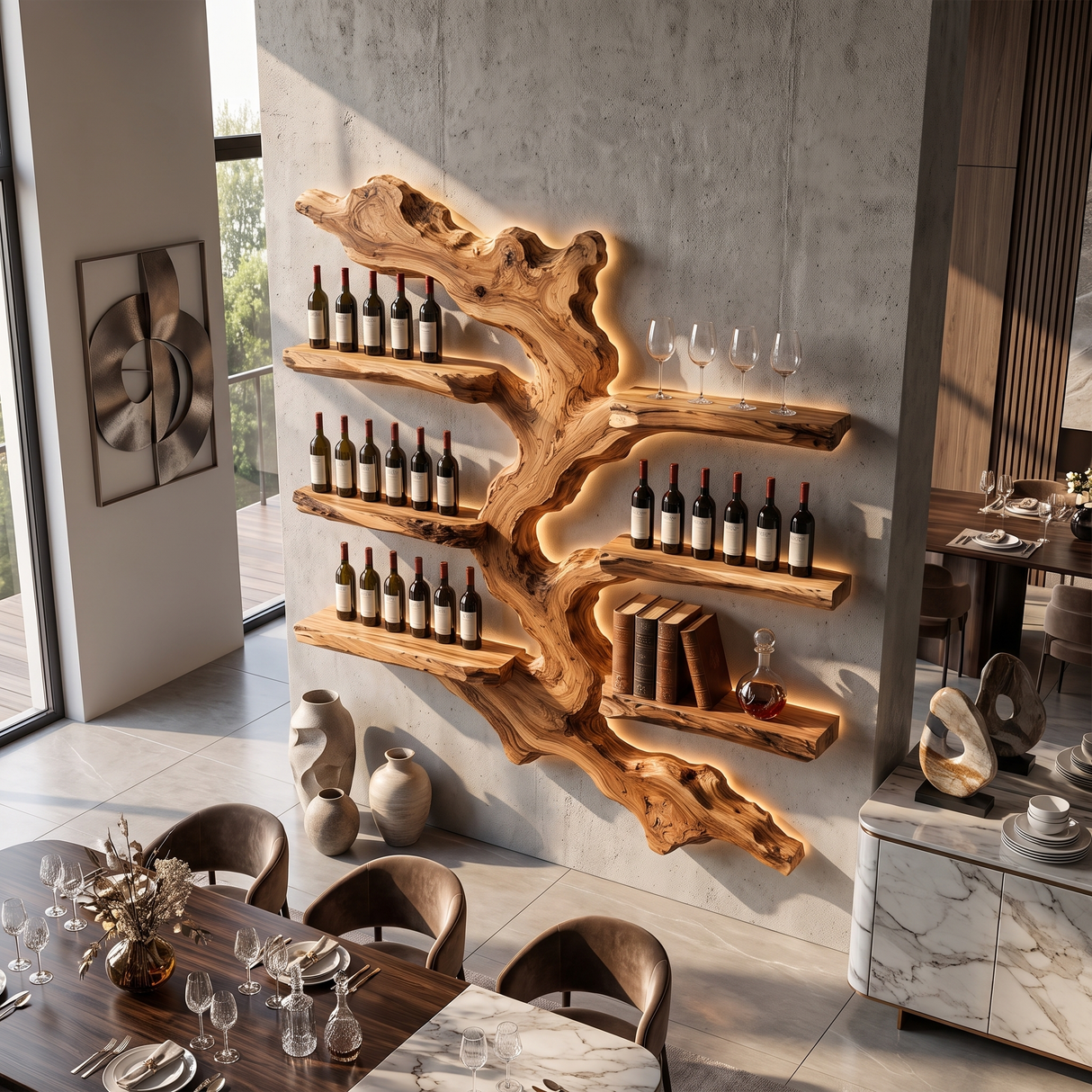 Wall Mounted Wine Rack Solid Wood with Sculptural Live Edge Shelves for Home Bar