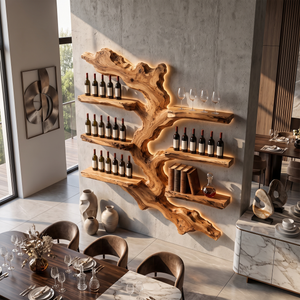Wall Mounted Wine Rack Solid Wood with Sculptural Live Edge Shelves for Home Bar