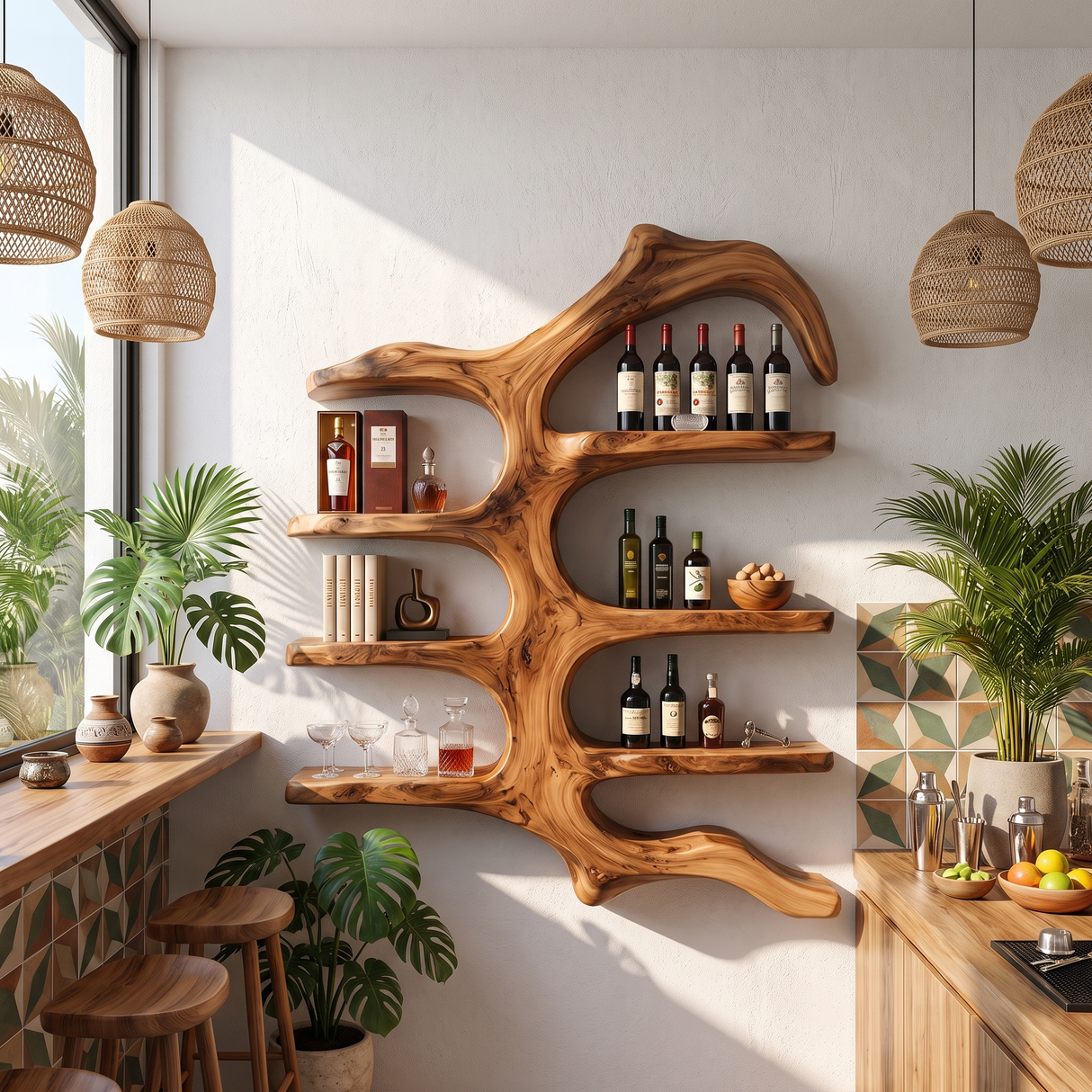 Wall Mounted Wine Rack Solid Wood with Sculptural Organic Frame and Floating Shelves