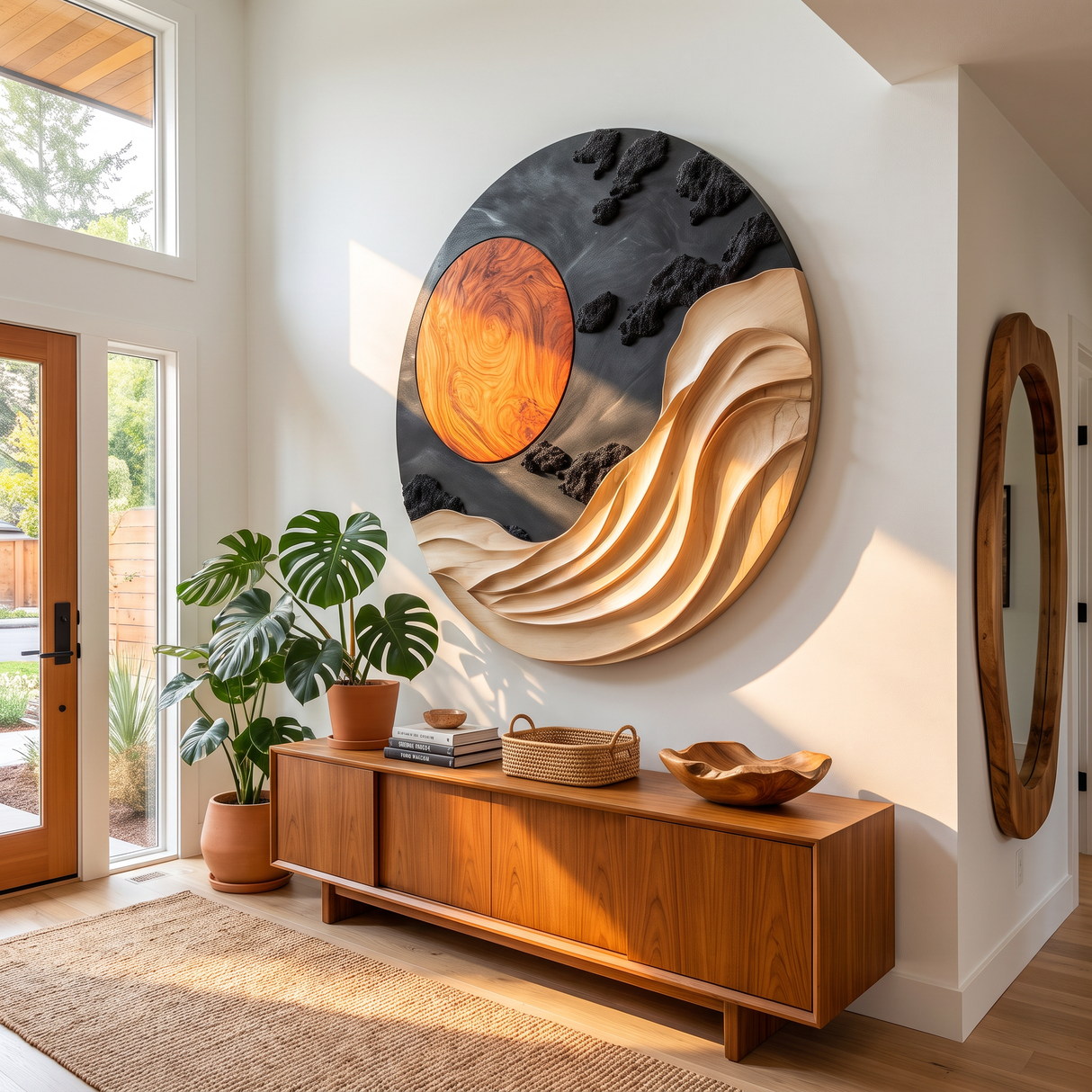 Wall Art Solid Wood with Sculptural Wave and Sun Design for Living Room Decor