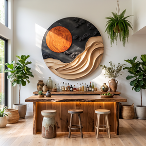 Wall Art Solid Wood with Sculptural Wave and Sun Design for Living Room Decor