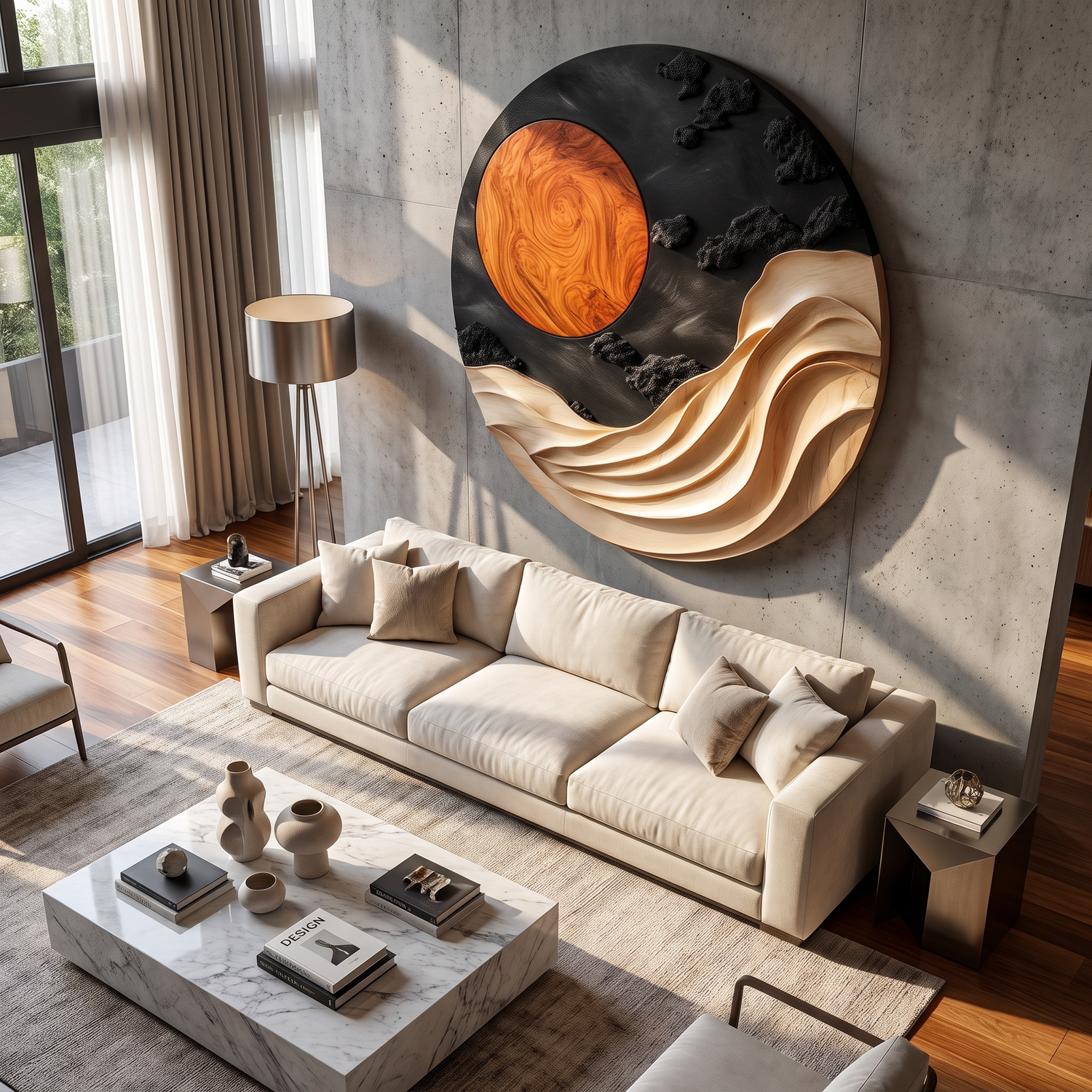 Wall Art Solid Wood with Sculptural Wave and Sun Design for Living Room Decor