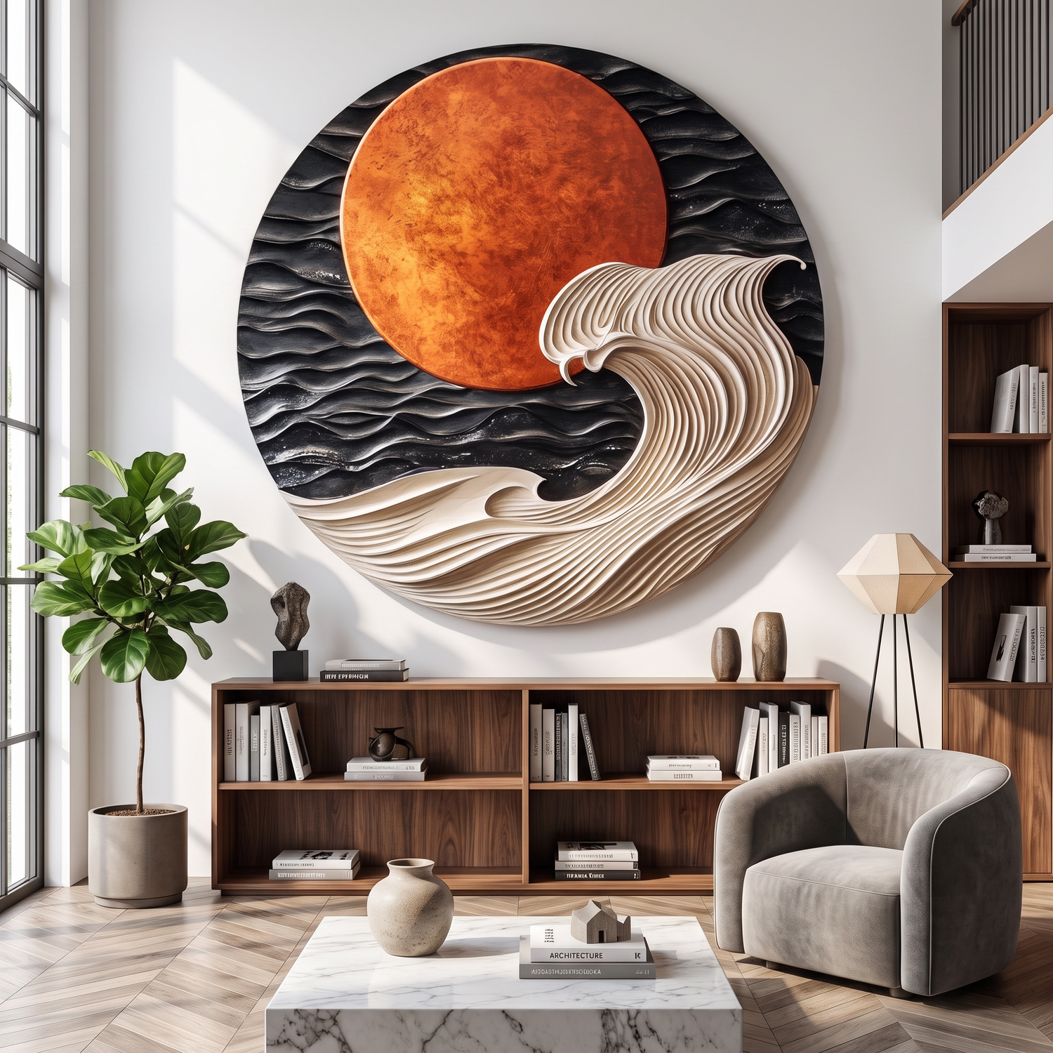 Round Wall Art Solid Wood with Layered Ocean Wave and Sunset Design for Home Decor