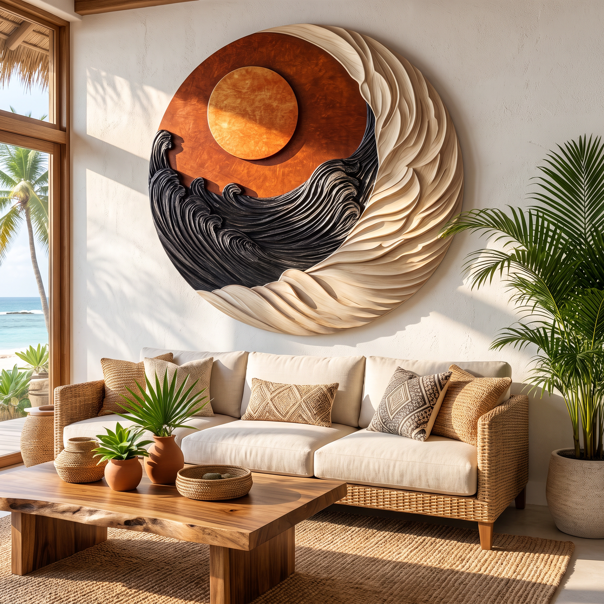 Round Wall Art Solid Wood with Sculptural Dual Wave and Sun Design