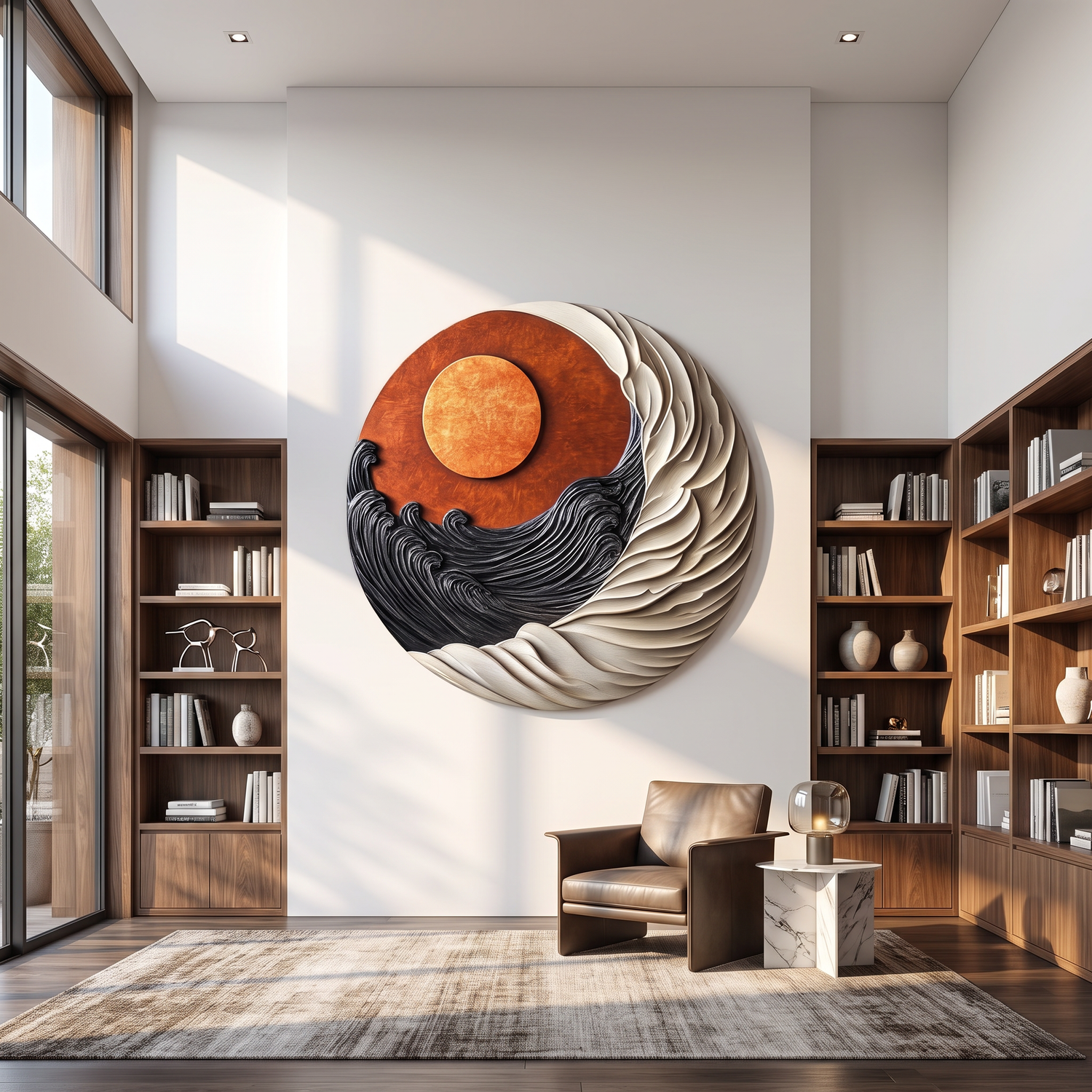 Round Wall Art Solid Wood with Sculptural Dual Wave and Sun Design