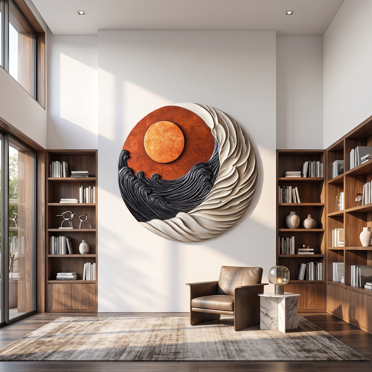Round Wall Art Solid Wood with Sculptural Dual Wave and Sun Design