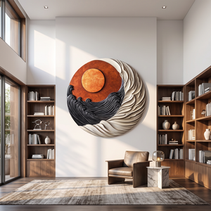 Round Wall Art Solid Wood with Sculptural Dual Wave and Sun Design