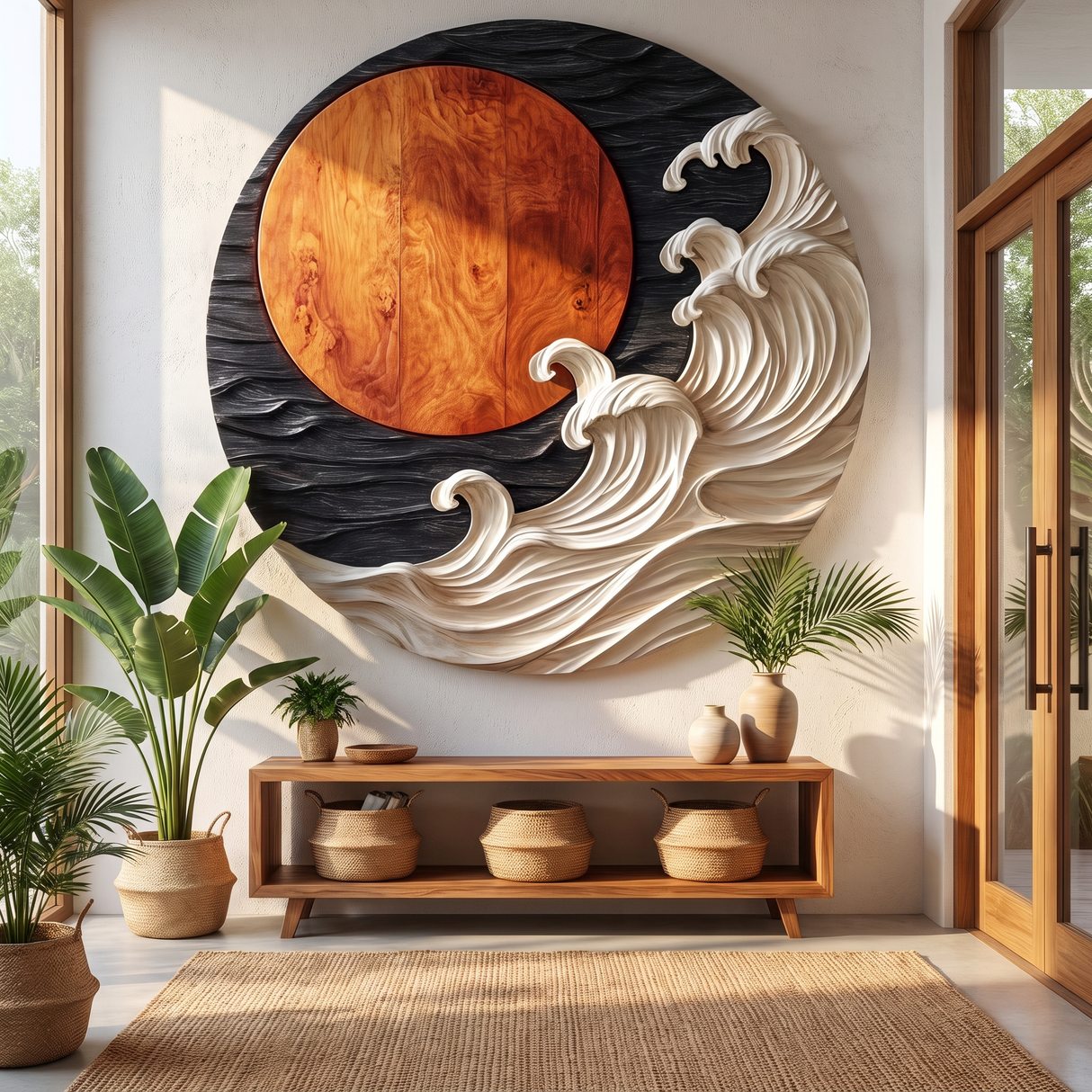 Round Wall Art Solid Wood with Sculptural Ocean Waves and Rising Sun for Home Decor