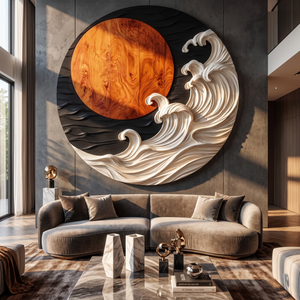 Round Wall Art Solid Wood with Sculptural Ocean Waves and Rising Sun for Home Decor