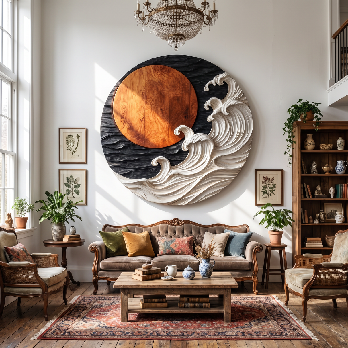 Round Wall Art Solid Wood with Sculptural Ocean Waves and Rising Sun for Home Decor